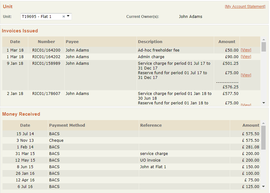 property dashboard invoice breakdown